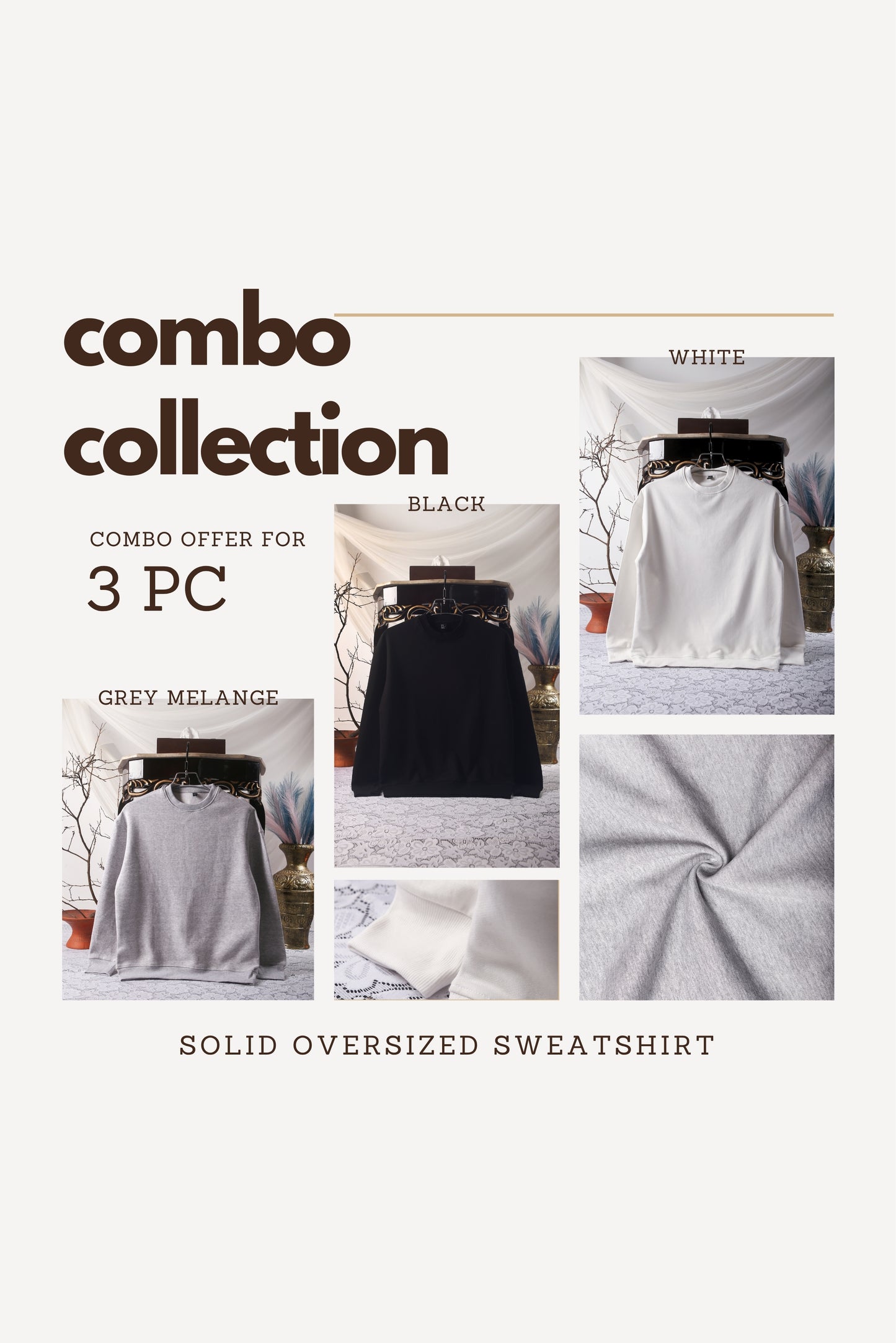3-PCS Solid Premium Oversized Sweatshirt Combo - Black, Grey & White (Restock after 2 days)