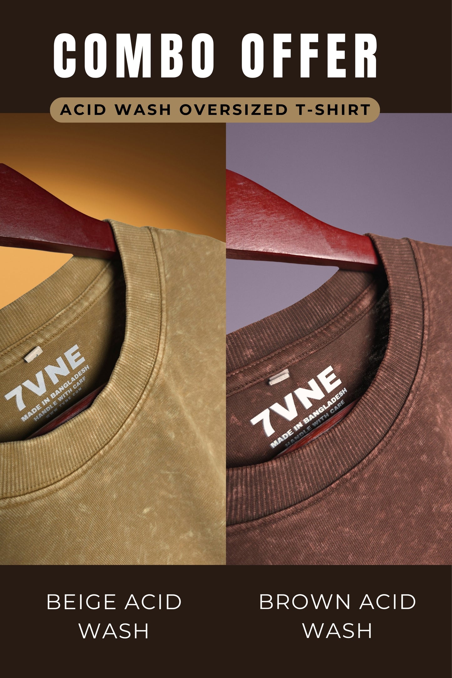 Solid Beige & Brown Acid Wash Oversized T-shirt Combo (2 pcs)