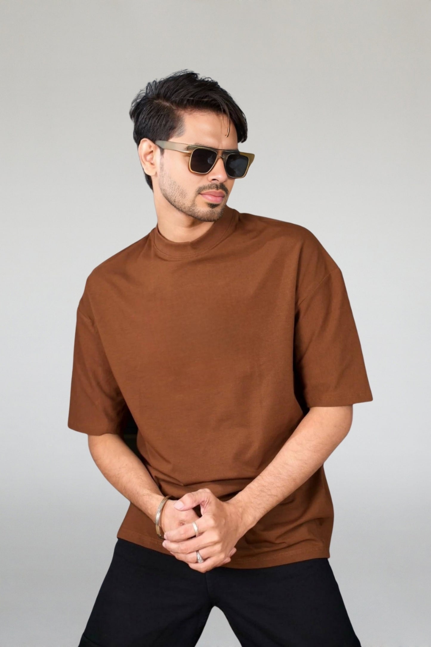 Solid Oversized Drop Shoulder T-shirt - Coffee