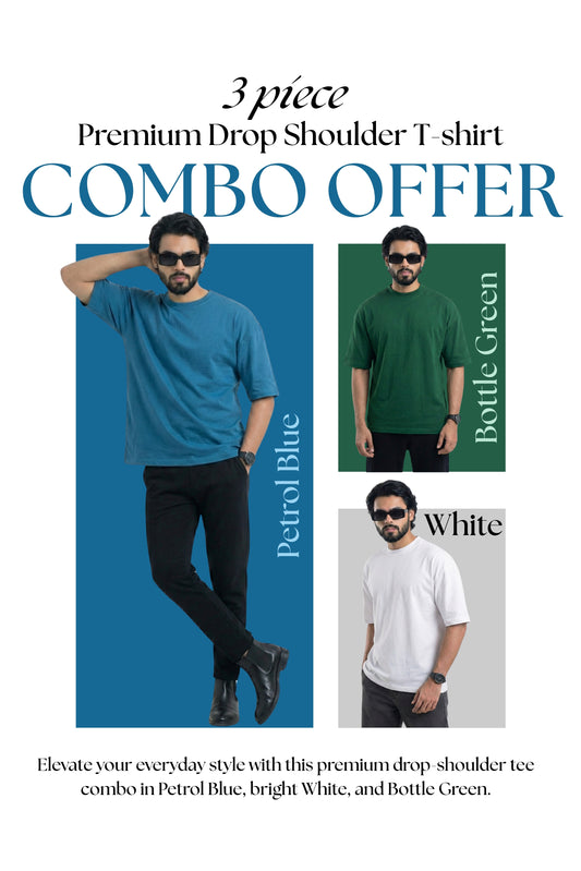 3 PCS Solid Premium Drop Shoulder T-shirt Combo: Petrol Blue, Bottle Green & White