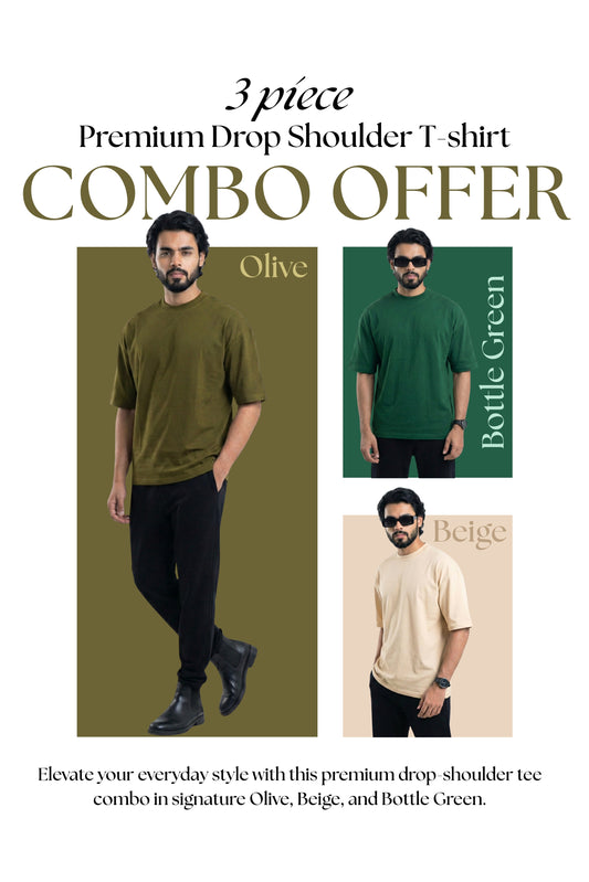 3 PCS Solid Premium Drop Shoulder T-shirt Combo: Olive, Beige and Bottle Green