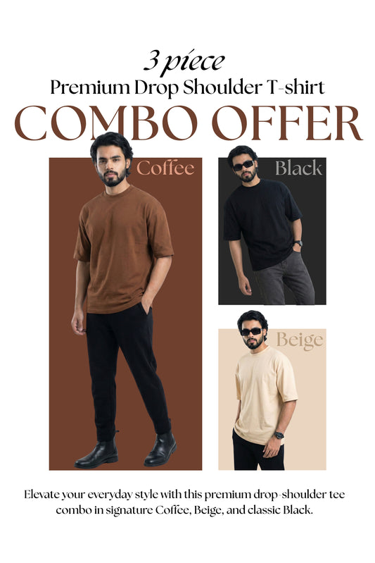 Solid Premium Oversized Tshirt Combo - Coffee, Black, Beige (3 pcs)
