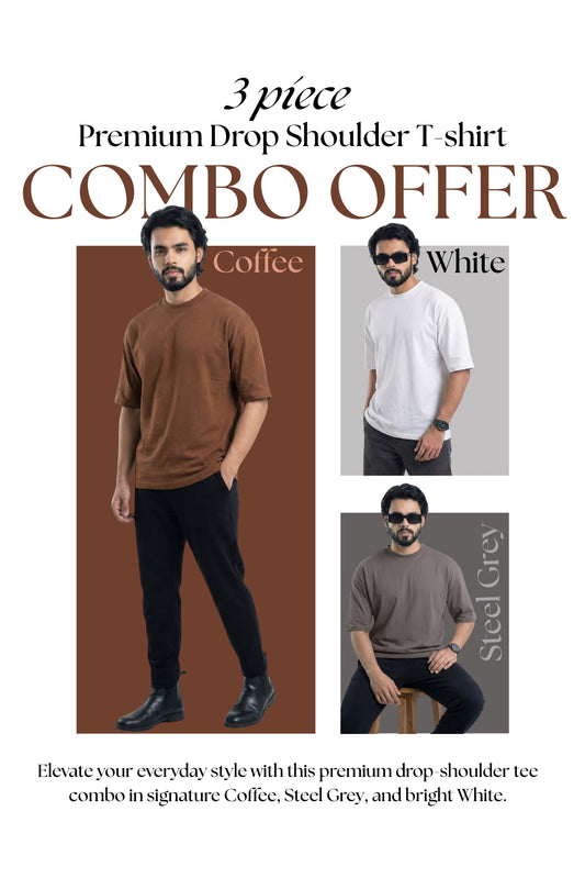 3 PCS Solid Premium Drop Shoulder T-shirt Combo: Coffee, White & Steel Grey