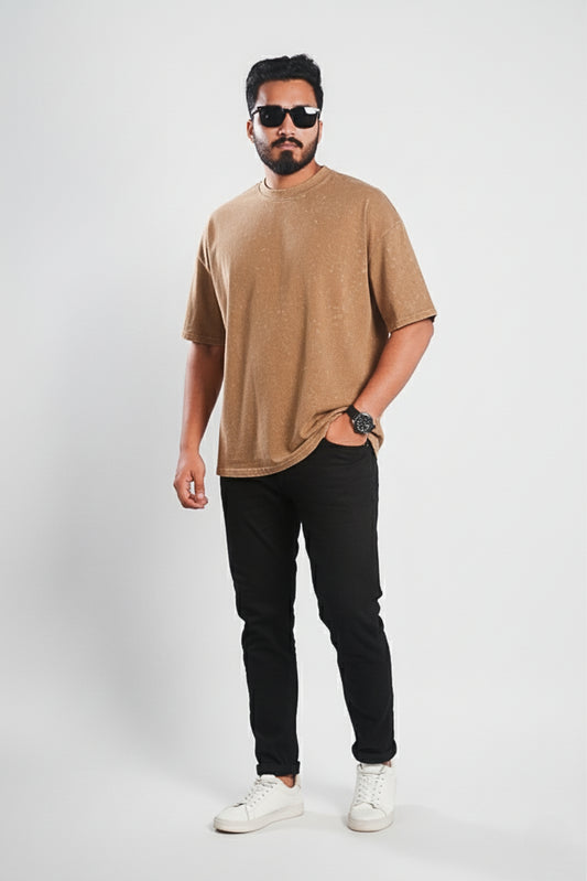 Solid Oversized Drop Shoulder T-shirt - Beige Acid Wash