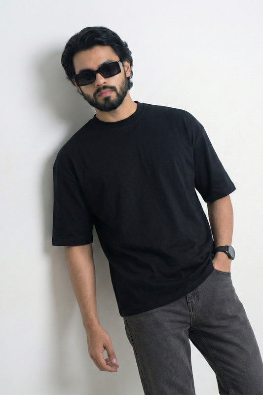 Solid Oversized Drop Shoulder T-shirt - Black