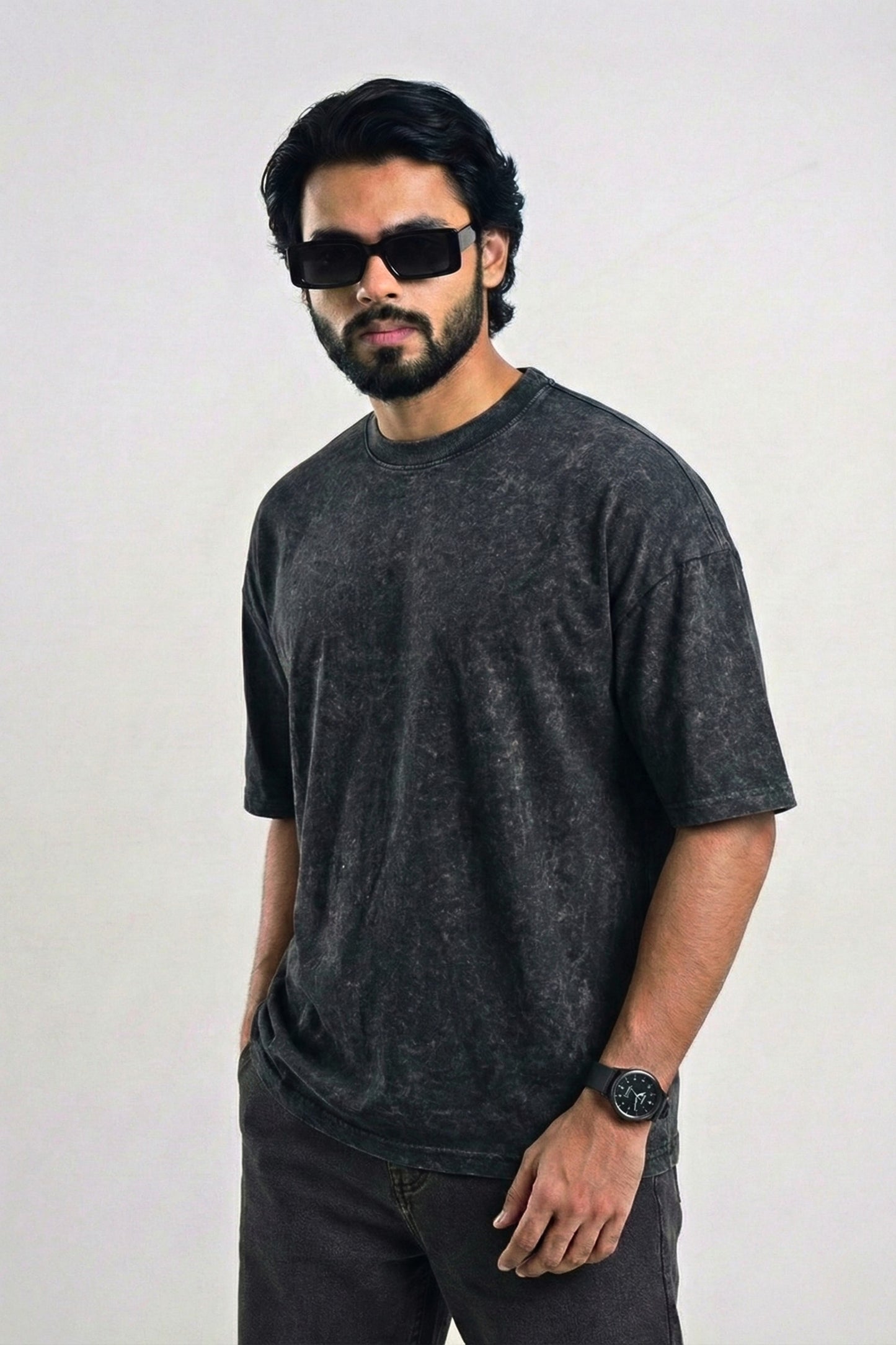 Solid Drop Shoulder T-shirt - Black Acid Wash