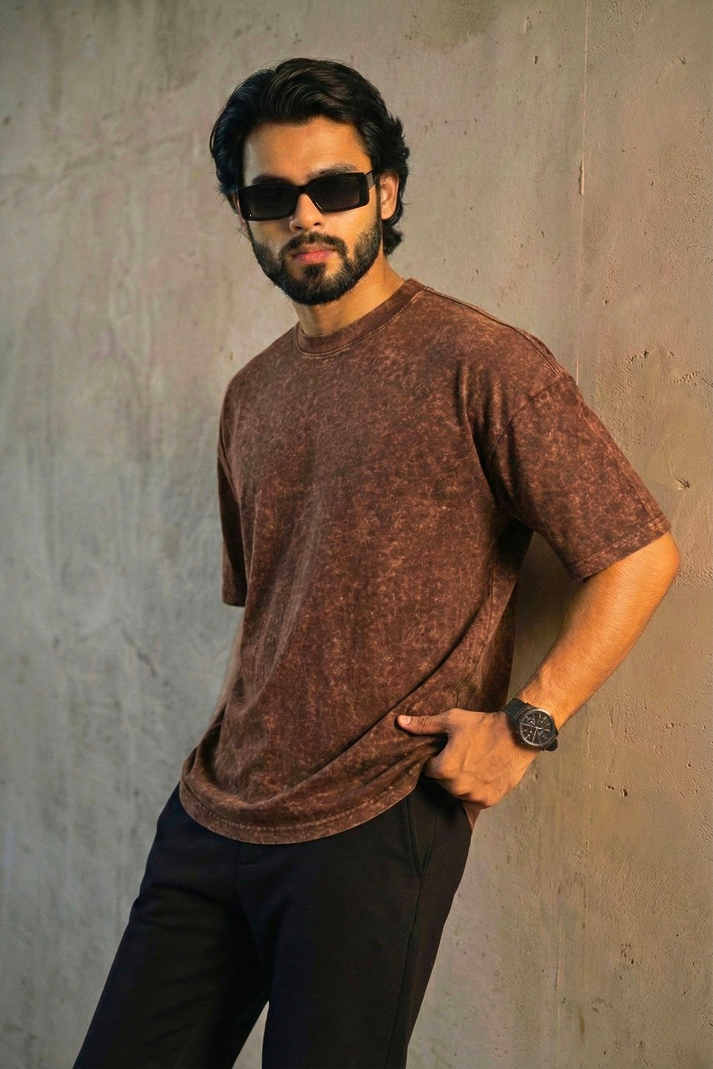 Solid Oversized Drop Shoulder T-shirt - Brown Acid Wash