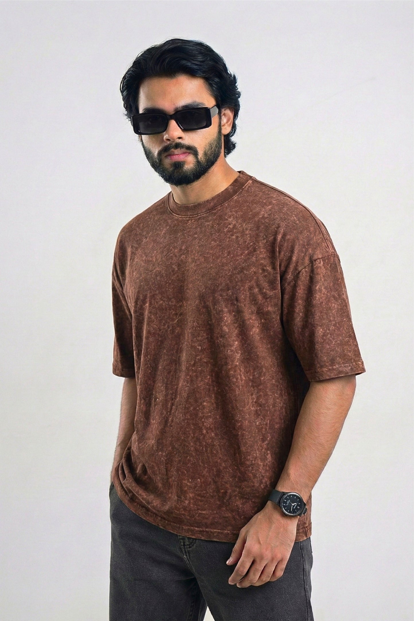 Solid Oversized Drop Shoulder T-shirt - Brown Acid Wash