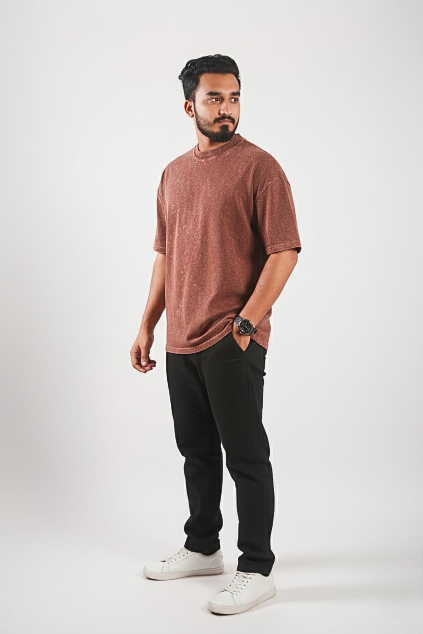 Solid Oversized Drop Shoulder T-shirt - Brown Acid Wash