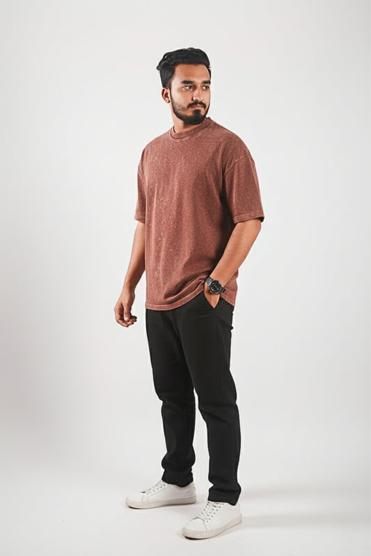 Solid Oversized Drop Shoulder T-shirt - Brown Acid Wash