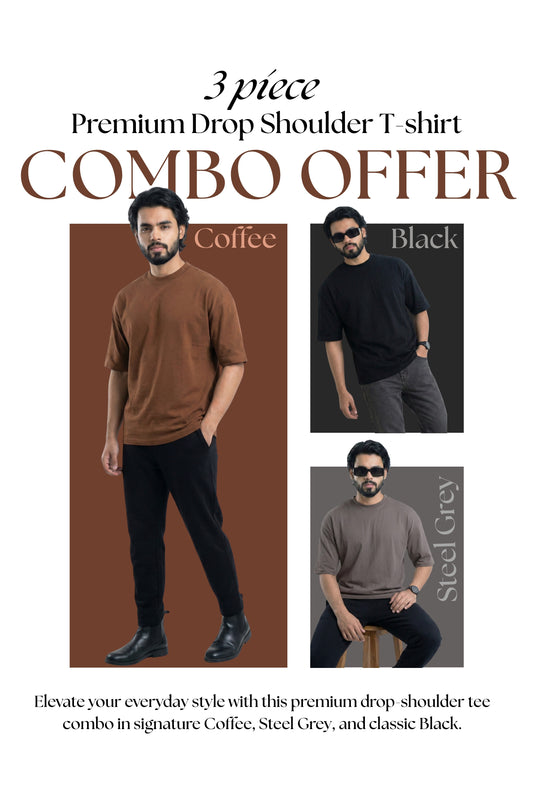 3 PCS Solid Premium Drop Shoulder T-shirt Combo: Coffee, Black & Steel Grey