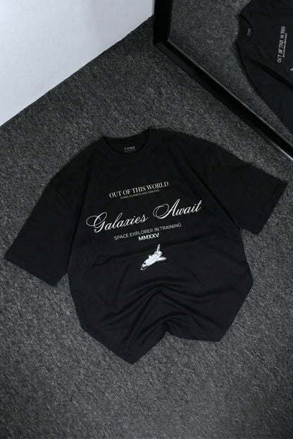 Galaxies Await - Black Oversized Tshirt