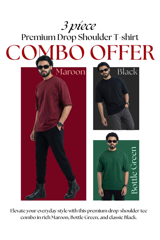 3 PCS Solid Premium Drop Shoulder T-shirt Combo: Black, Maroon & Bottle Green