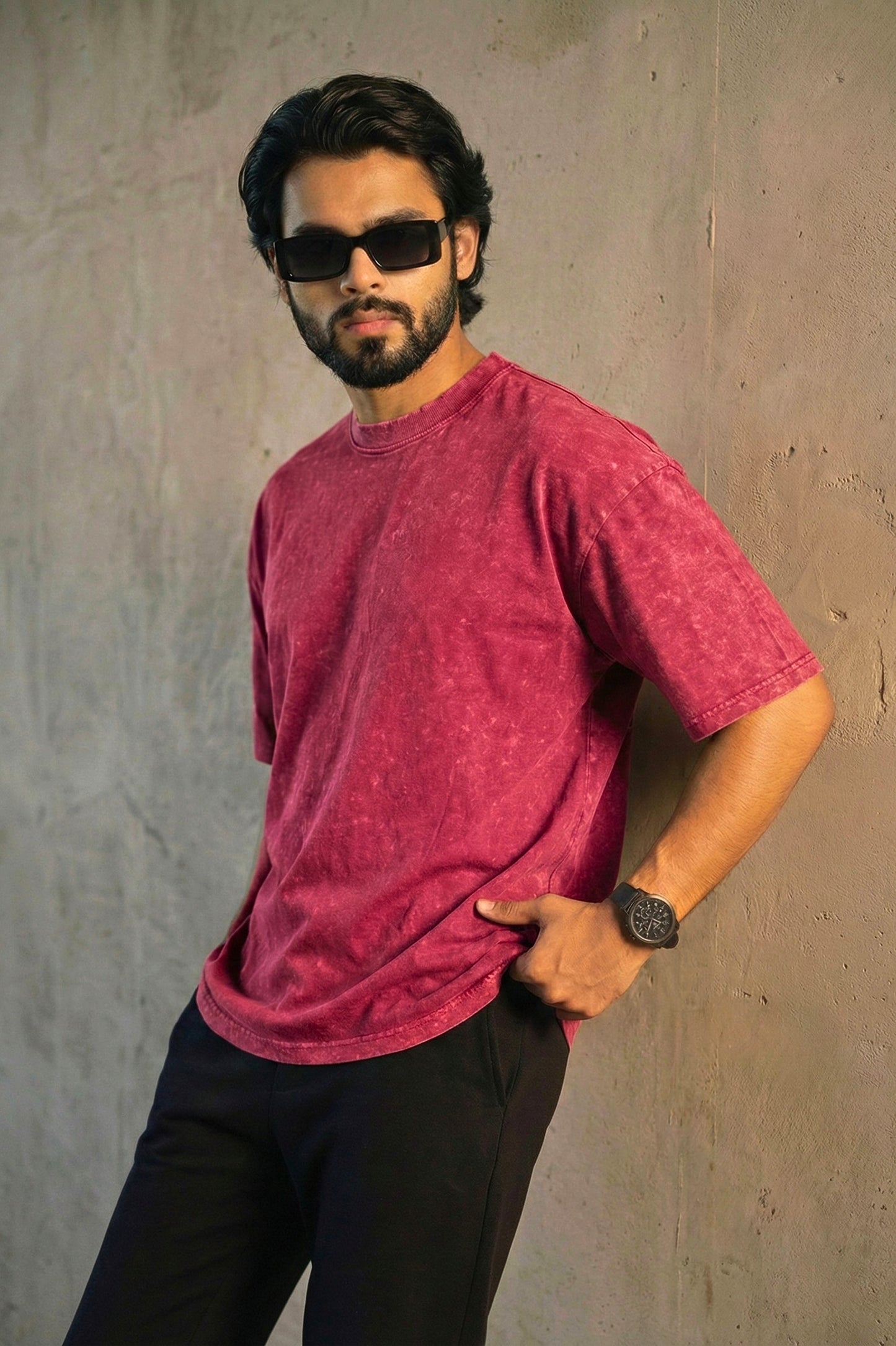 Solid Oversized Drop Shoulder T-shirt - Maroon Acid Wash