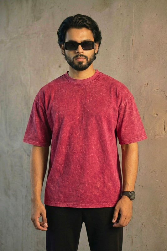 Solid Oversized Drop Shoulder T-shirt - Maroon Acid Wash