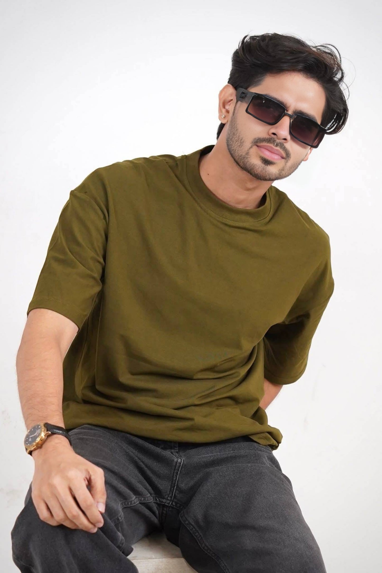 Solid Oversized Drop Shoulder T-shirt - Olive