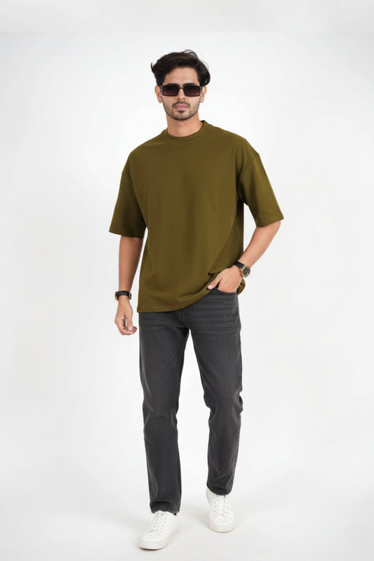 Solid Oversized Drop Shoulder T-shirt - Olive