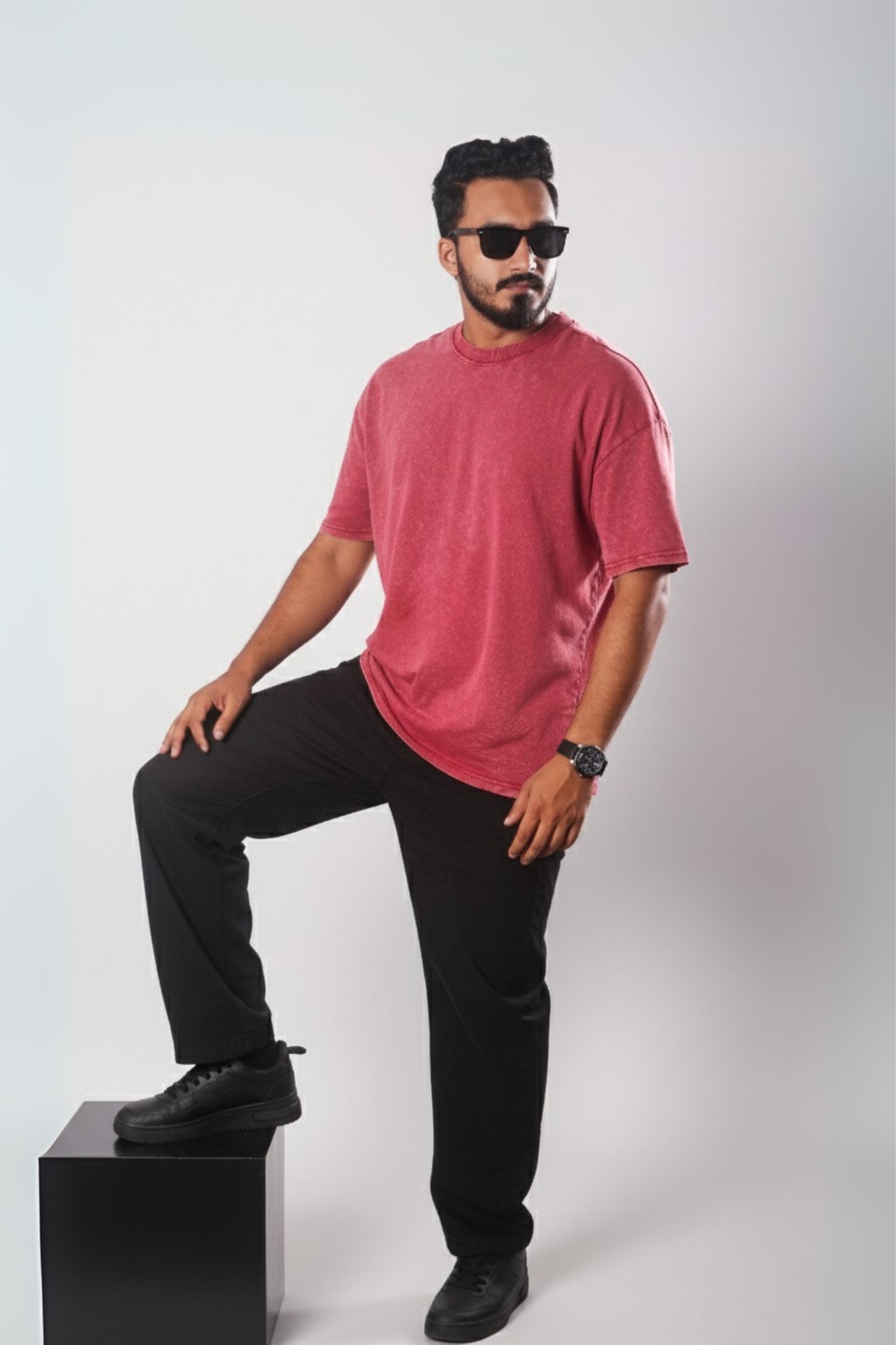 Solid Oversized Drop Shoulder T-shirt - Red Acid Wash