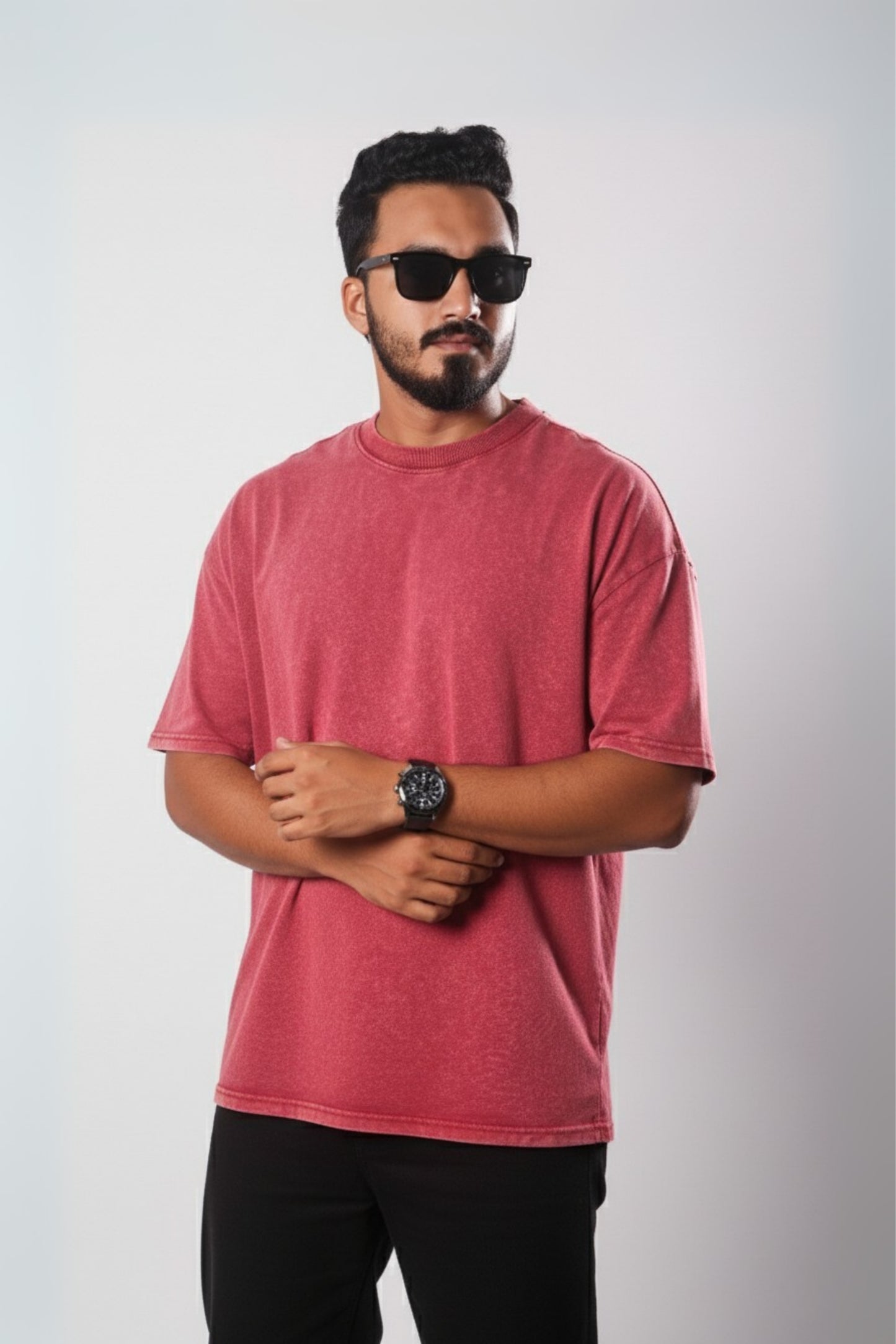 Solid Oversized Drop Shoulder T-shirt - Red Acid Wash