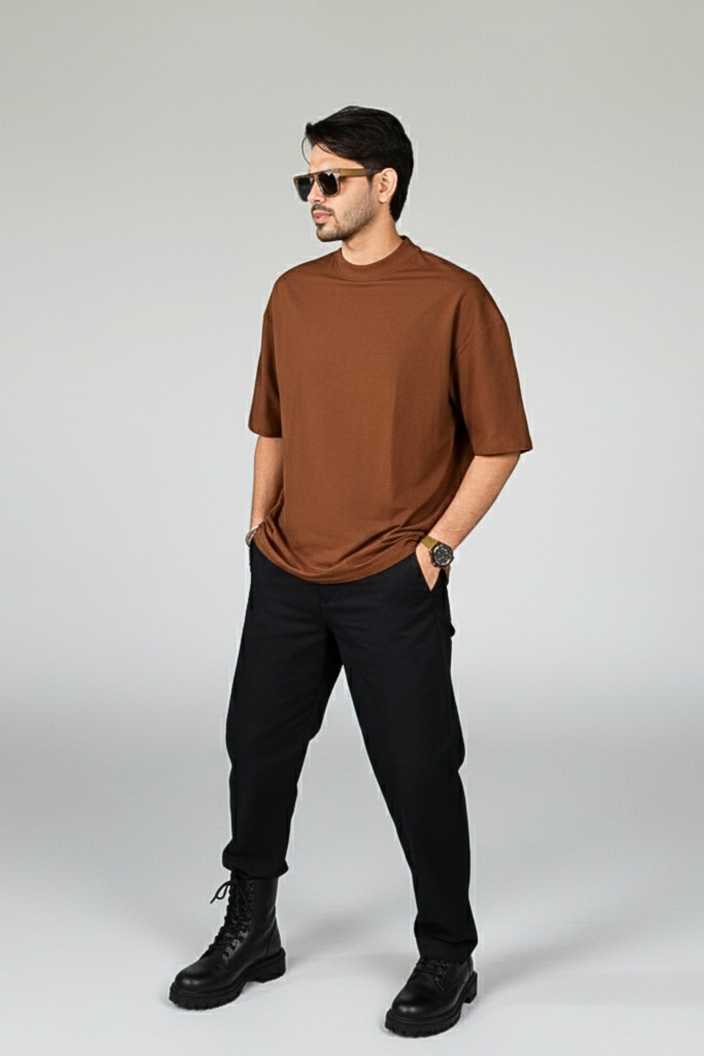 Solid Oversized Drop Shoulder T-shirt - Coffee