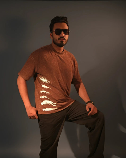 Human to Galaxy - Drop Shoulder T-shirt - Brown Acid Wash