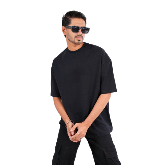 Solid Lycra Oversized Drop Shoulder T-shirt - Black
