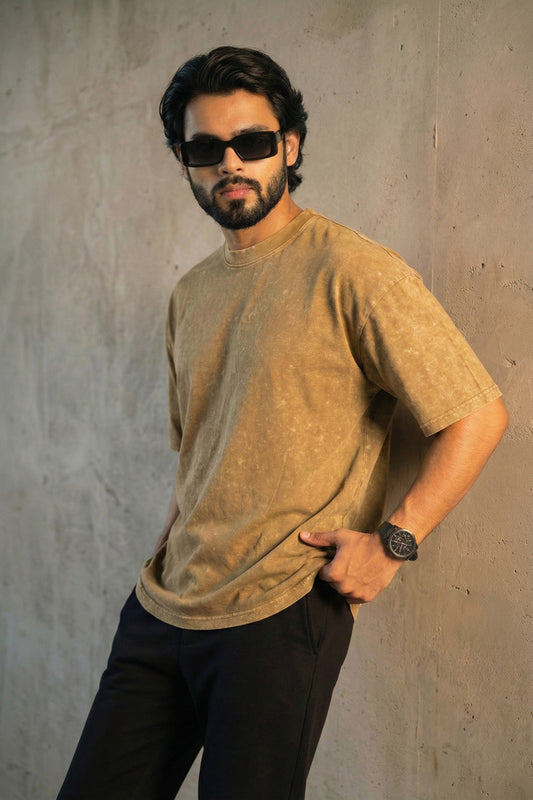 Solid Oversized Drop Shoulder T-shirt - Beige Acid Wash