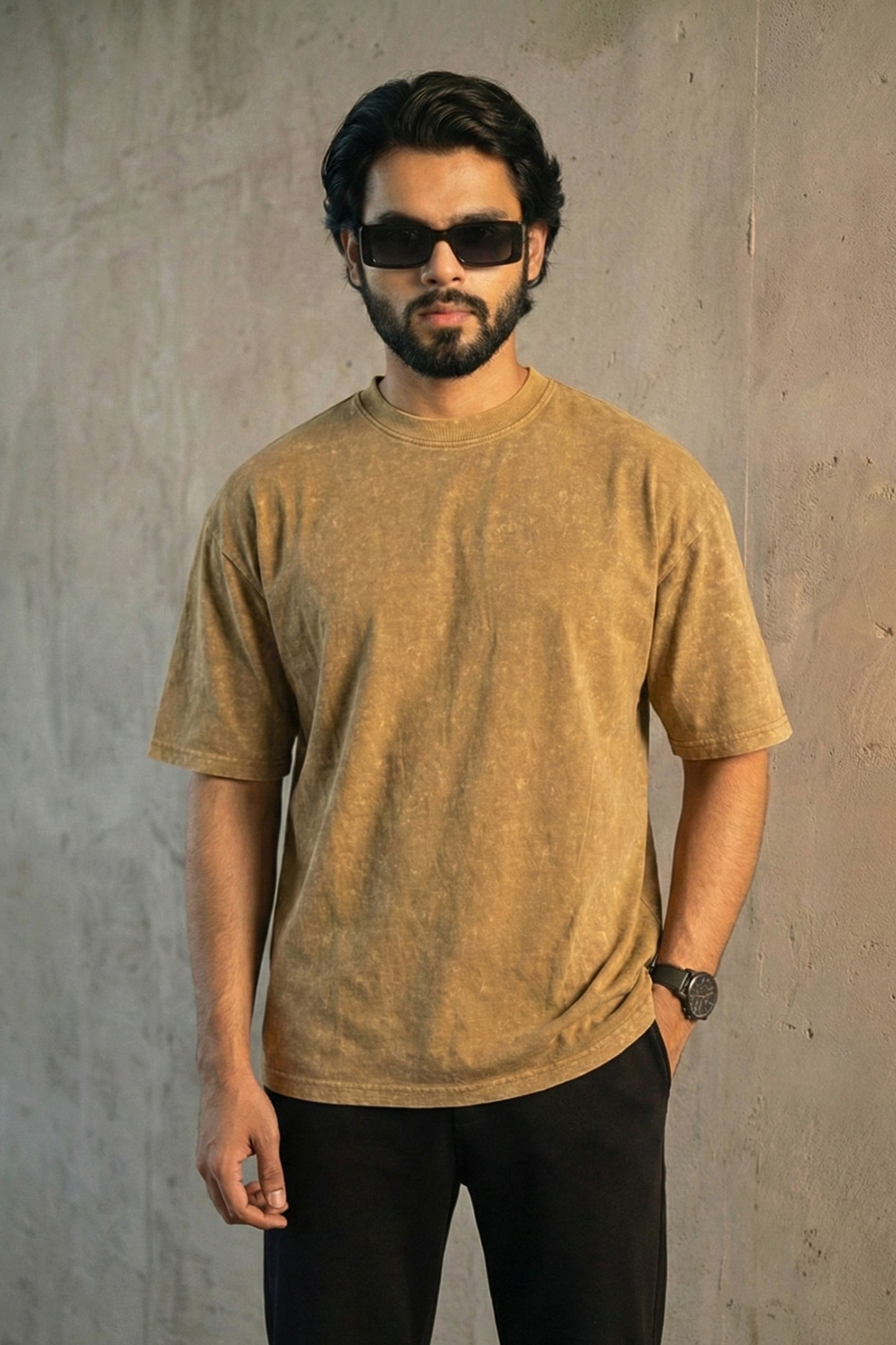 Solid Beige & Brown Acid Wash Drop Shoulder T-shirt Combo (2 pcs) 220gsm