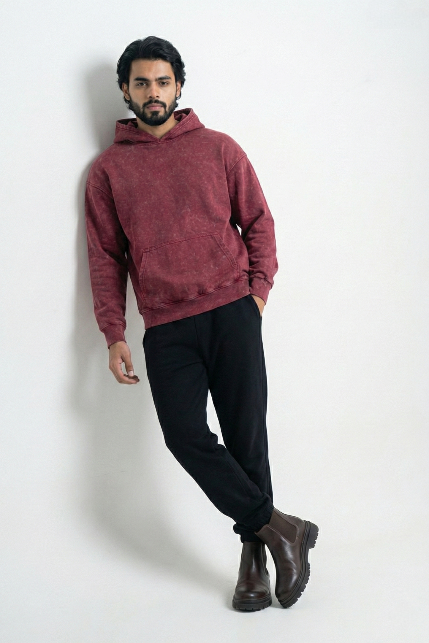 Acid Wash Oversized Hoodie - Burgundy