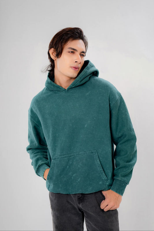 Acid Wash Oversized Hoodie - Forest Green