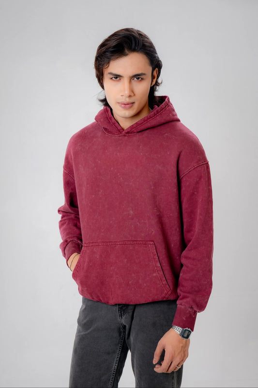 Acid Wash Oversized Hoodie - Burgundy
