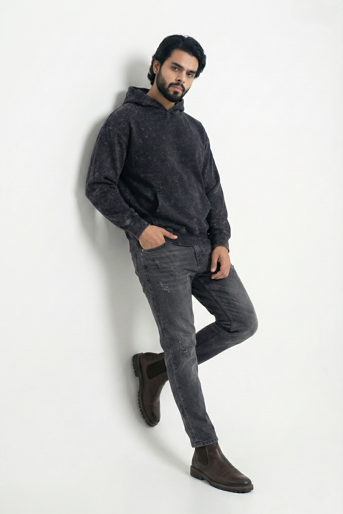 Acid Wash Oversized Hoodie - Black