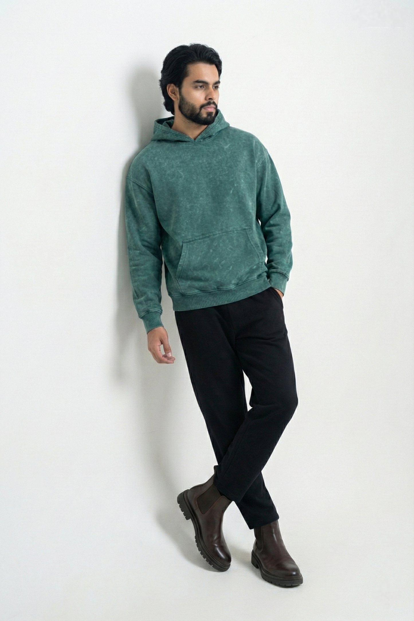 Acid Wash Oversized Hoodie - Forest Green